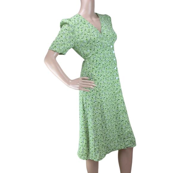 Rouje Green Floral Retro Knee Length Short Sleeve V-Neck Wrap Dress Size S - Picture 5 of 6